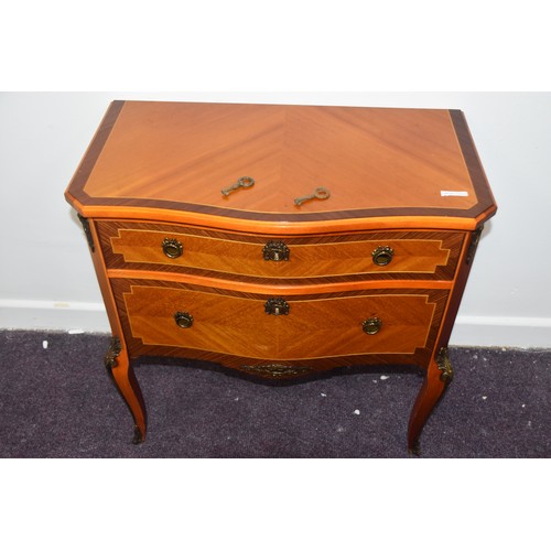 265 - BEAUTIFUL SHAPED INLAID BRASS MOUNTED 2 DRAWERED CHEST COMPLETE WITH 2 KEYS