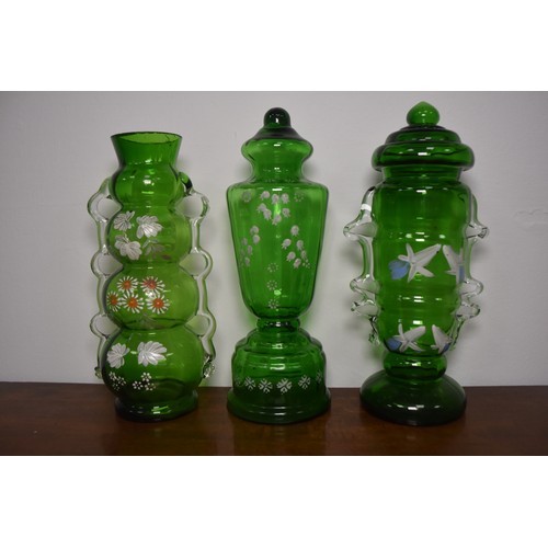 272 - 3 PIECE OF GREEN GLASS VICTORIAN HAND PAINTED VASE