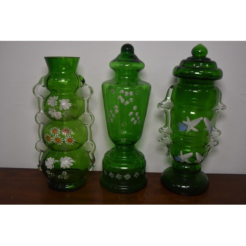 272 - 3 PIECE OF GREEN GLASS VICTORIAN HAND PAINTED VASE