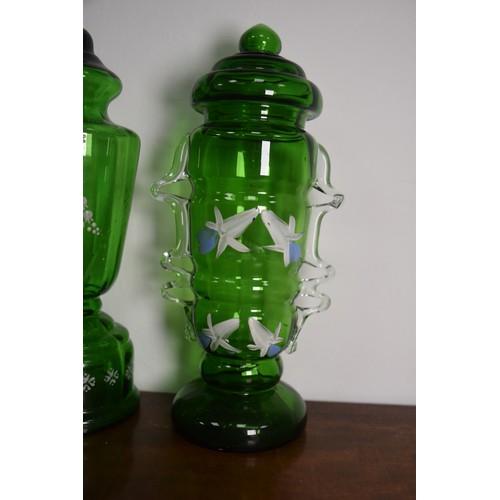 272 - 3 PIECE OF GREEN GLASS VICTORIAN HAND PAINTED VASE