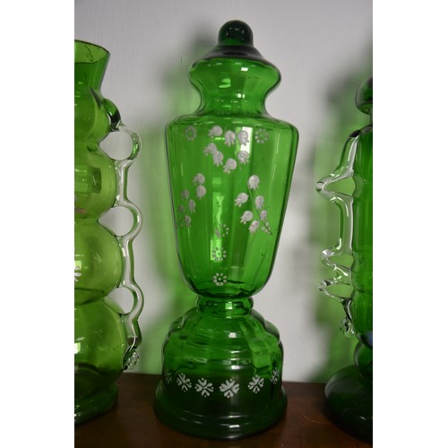 272 - 3 PIECE OF GREEN GLASS VICTORIAN HAND PAINTED VASE