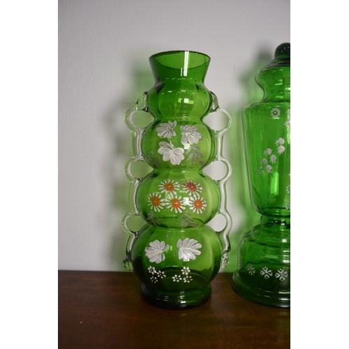 272 - 3 PIECE OF GREEN GLASS VICTORIAN HAND PAINTED VASE