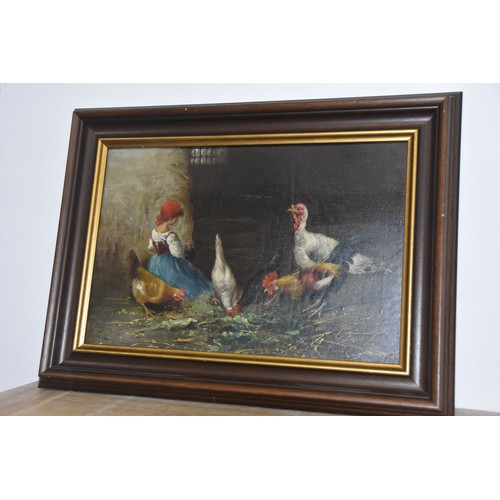 291 - SIGNED OIL YOUNG GIRL FEEDING THE FOWL