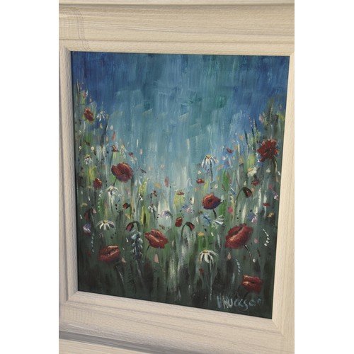 312 - HAYLEY HUCKSON OIL PAINTING 16 X 18 (OUTSIDE OF FRAME) POPPIES & DAISIES