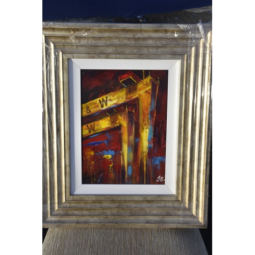 314 - JOHN STEWART OIL PAINTING HARLAND & WOLFF CRANES MEASURING 20 X 17 (OUTSIDE OF FRAME)