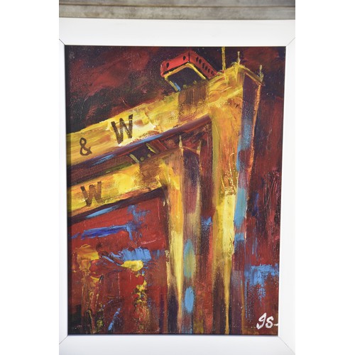 314 - JOHN STEWART OIL PAINTING HARLAND & WOLFF CRANES MEASURING 20 X 17 (OUTSIDE OF FRAME)