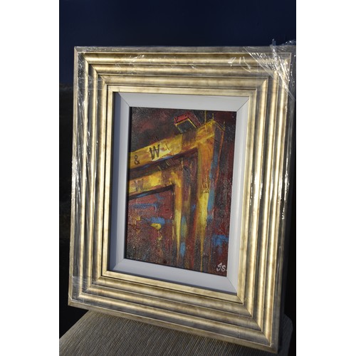 314 - JOHN STEWART OIL PAINTING HARLAND & WOLFF CRANES MEASURING 20 X 17 (OUTSIDE OF FRAME)