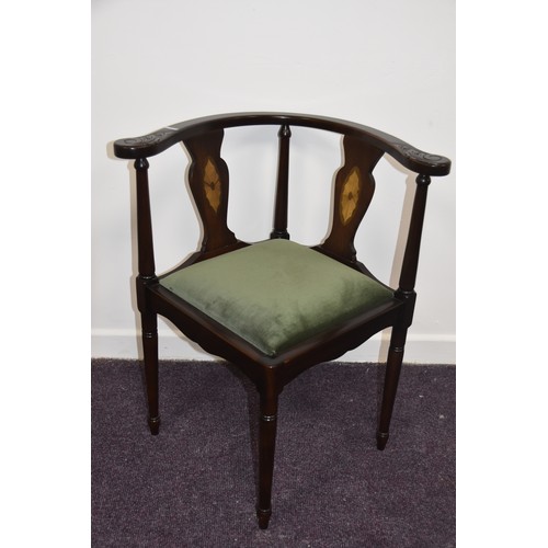 312A - MAHOGANY INLAID CORNER CHAIR BY LOGAN WITH CARVED ARMS