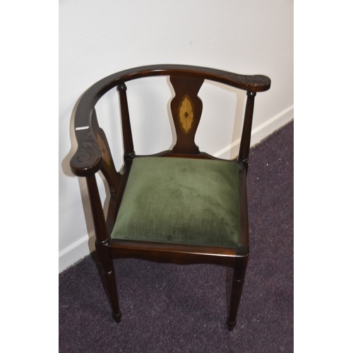 312A - MAHOGANY INLAID CORNER CHAIR BY LOGAN WITH CARVED ARMS