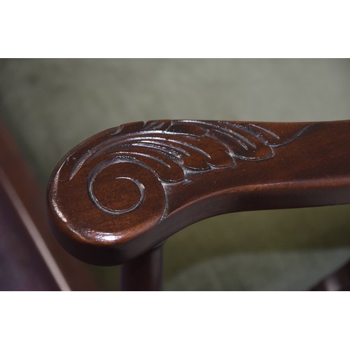 312A - MAHOGANY INLAID CORNER CHAIR BY LOGAN WITH CARVED ARMS