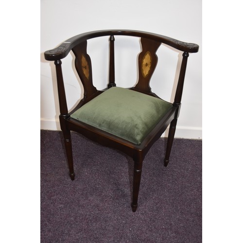 312A - MAHOGANY INLAID CORNER CHAIR BY LOGAN WITH CARVED ARMS