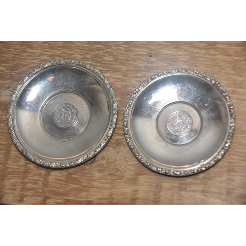 191A - PAIR CONTINENTAL SILVER DISHES INSET WITH SILVER 1 SHILLING COINS