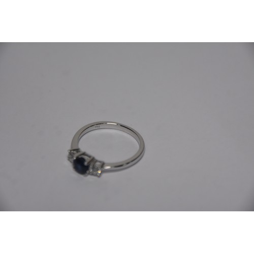 247A - 18ct WHITE GOLD SAPPHIRE AND DIAMOND 3 STONE RING SIZE N