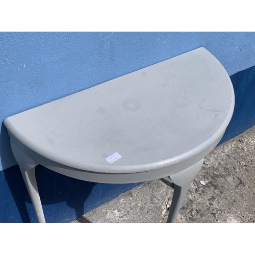 37 - GREY PAINTED HALF MOON HALL TABLE