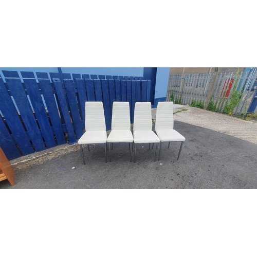 107 - SET OF 4 WHITE LEATHER STYLE DINNG CHAIRS WITH CHROME FRAME