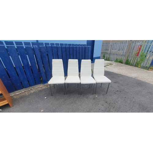 107 - SET OF 4 WHITE LEATHER STYLE DINNG CHAIRS WITH CHROME FRAME