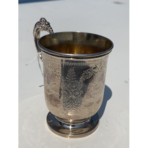 215 - VICTORIAN SILVER EMBOSSED TANKARD OVER 150G BIRHINGHAM 1872