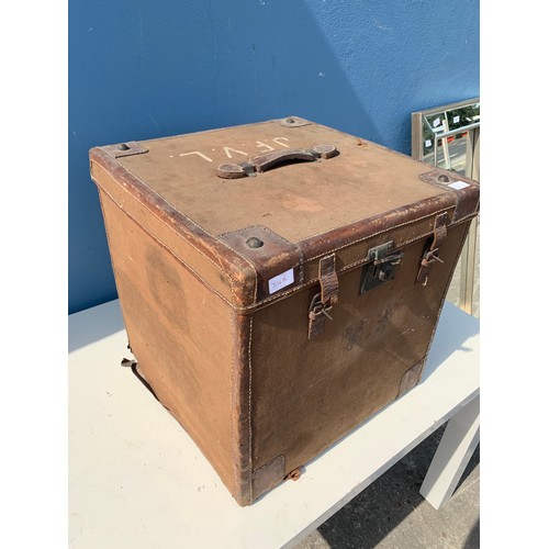 348 - LEATHER BOUND TRUNK WITH BRASS FITTINGS 
20 INCHES SQUARE