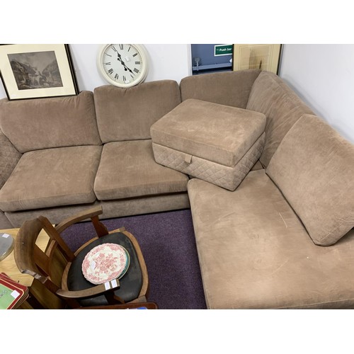 367 - DESIGNER CORNER SUITE WITH ARMCHAIR & STORAGE FOOTSTOOL (SLIGHT MARK ON ARM OF SOFA)