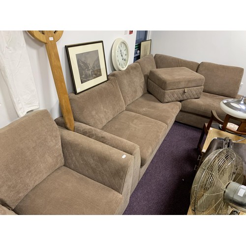 367 - DESIGNER CORNER SUITE WITH ARMCHAIR & STORAGE FOOTSTOOL (SLIGHT MARK ON ARM OF SOFA)