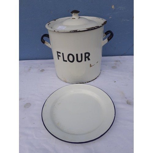 3 - AN ENAMEL FLOUR BIN AND PLATE