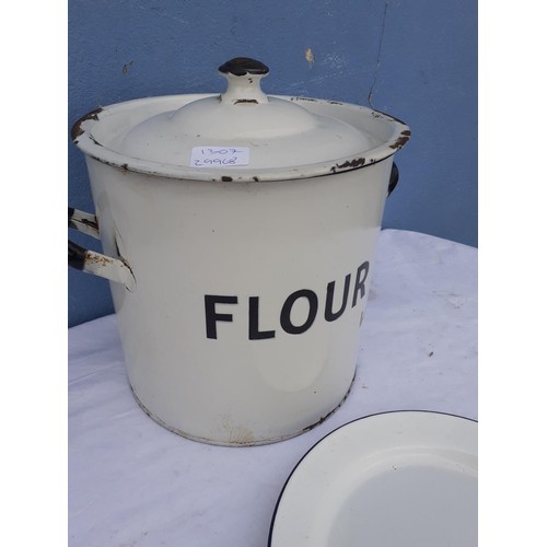 3 - AN ENAMEL FLOUR BIN AND PLATE