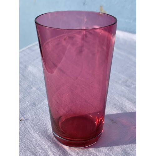 90 - RUBY JUG WITH CLEAR GLAS HANDLE AND 6 RUBY GLASSES