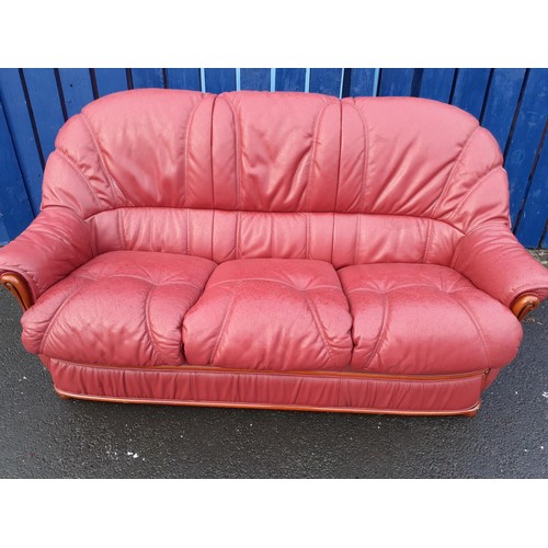 93 - RED LEATHER 3 SEATER WITH WOODEN TRIM