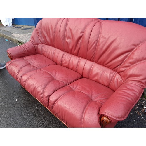 93 - RED LEATHER 3 SEATER WITH WOODEN TRIM