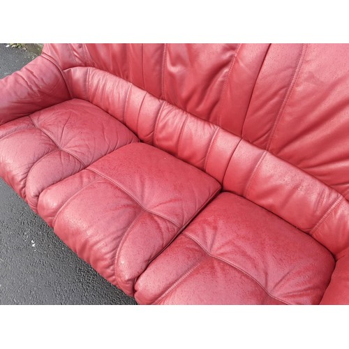 93 - RED LEATHER 3 SEATER WITH WOODEN TRIM