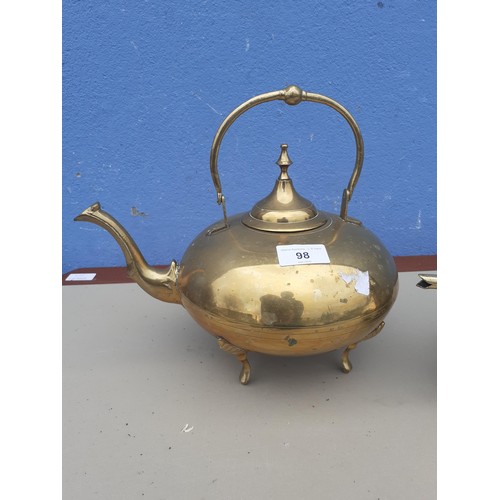 131 - 2 BRASS KETTLES 1 WITH AN OPALINE GLASS HANDLE