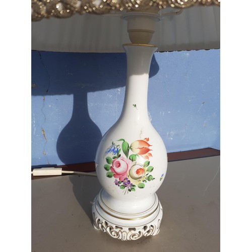 44 - A HUNGARIAN HAND PAINTED PORCELAIN LAMP AND SHADE