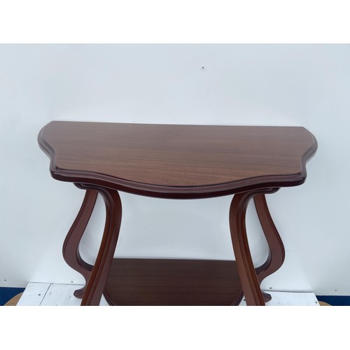 2 - A SHAPED MAHOGANY HALF MOON HALL TABLE ON CABRIOLE LEG 31X28X15