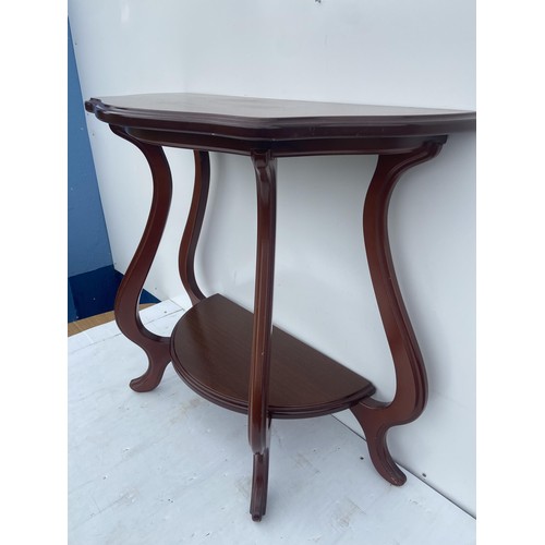 2 - A SHAPED MAHOGANY HALF MOON HALL TABLE ON CABRIOLE LEG 31X28X15