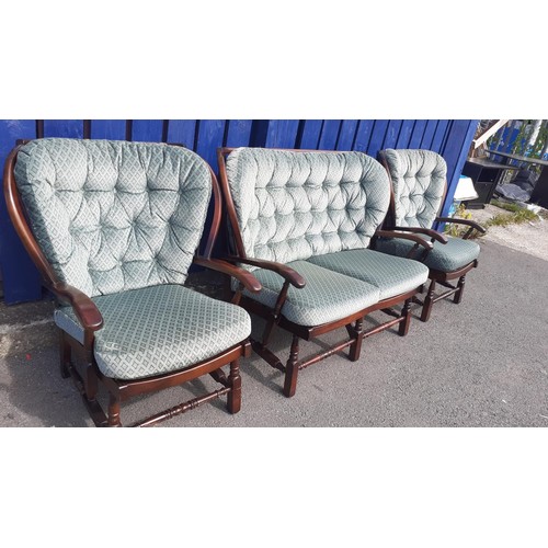 67 - A 2 SEATER MAHOGANY FRAMED COTTAGE SUITE REUPHOLSTERED