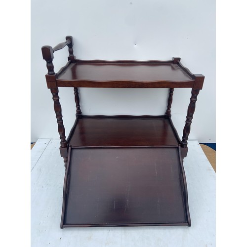 187 - A WOODEN (MAHOGANY) 2 TIER TROLLEY WITH A SEPERATE TRAY