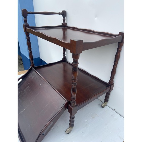 187 - A WOODEN (MAHOGANY) 2 TIER TROLLEY WITH A SEPERATE TRAY