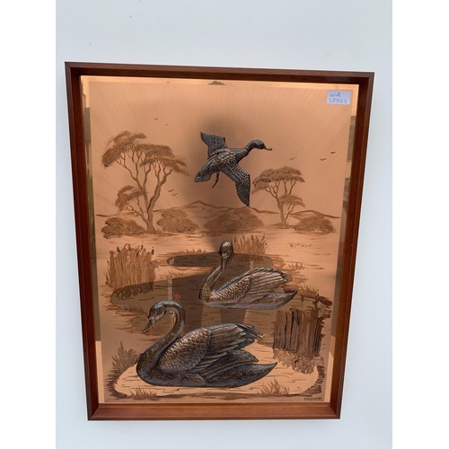 139 - COPPER PLAQUE SIGNED MAGOWAN DUCKS IN FLIGHT 19X24