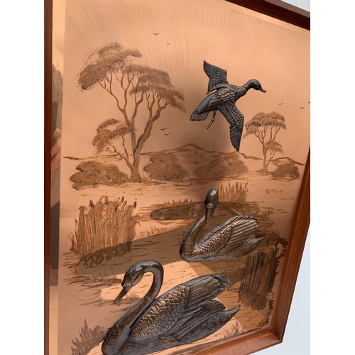 139 - COPPER PLAQUE SIGNED MAGOWAN DUCKS IN FLIGHT 19X24