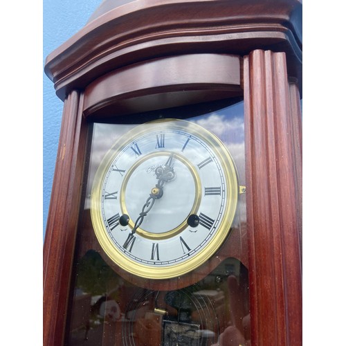 157 - DOMED MAHOGANY WALL CLOCK COMPLETE