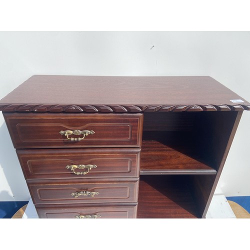 158 - A MAHOGANY 4 DRAWER ROPE EDGE SHELVING UNIT 31 x 32 x 12