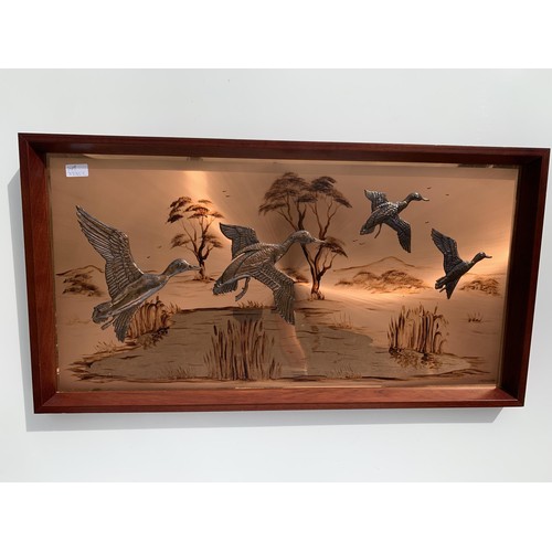 180 - FLYING DUCKS COPPER PICTURE IN FRAME BY MAGOWN 19 1/2 x 3FT