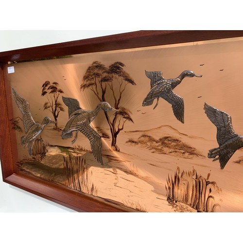 180 - FLYING DUCKS COPPER PICTURE IN FRAME BY MAGOWN 19 1/2 x 3FT