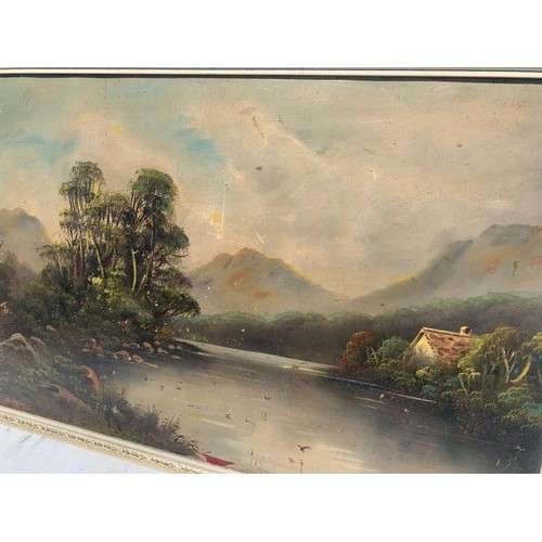 303 - AN OIL ON BOARD SIGNED W COLLINS (some surface damage) 31 x 19