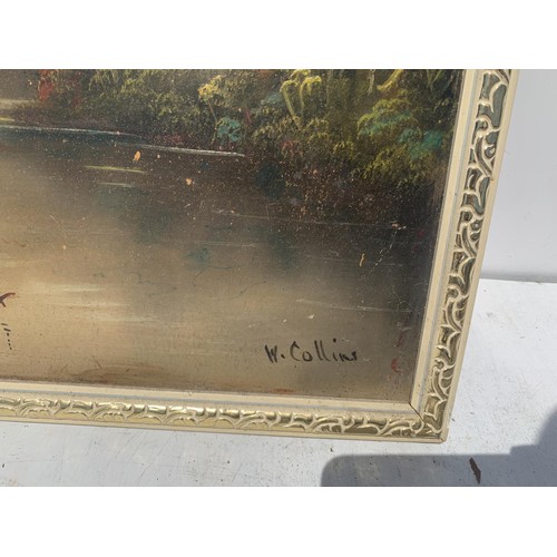 303 - AN OIL ON BOARD SIGNED W COLLINS (some surface damage) 31 x 19