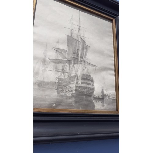 43 - AN EBONY FRAMED BLACK AND WHITE SHIPS PRINT 17X19