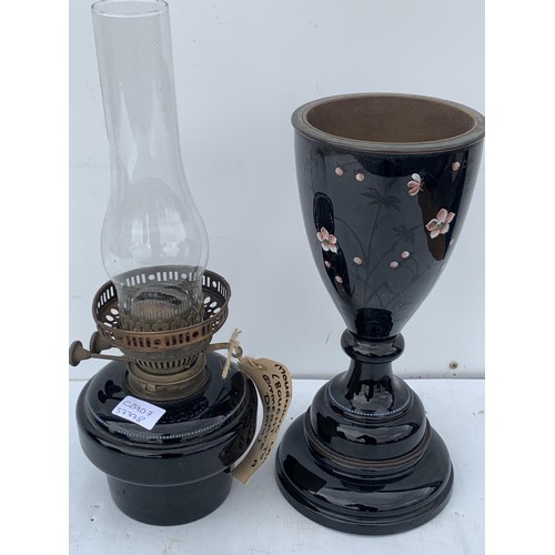 360 - A HAND PAINTED MOURNING OIL LAMP