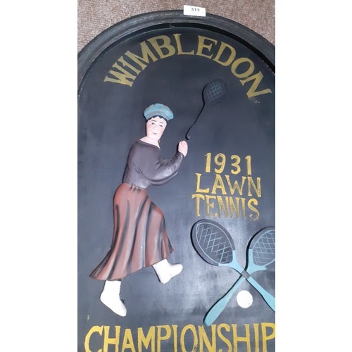 313 - A WOODEN ARCH TOP WIMBLEDON PLAQUE