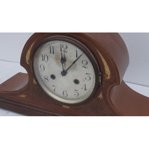 477 - AN INLAID CASED MAHOGANY NAPOLEONS HAT MANTLE CLOCK