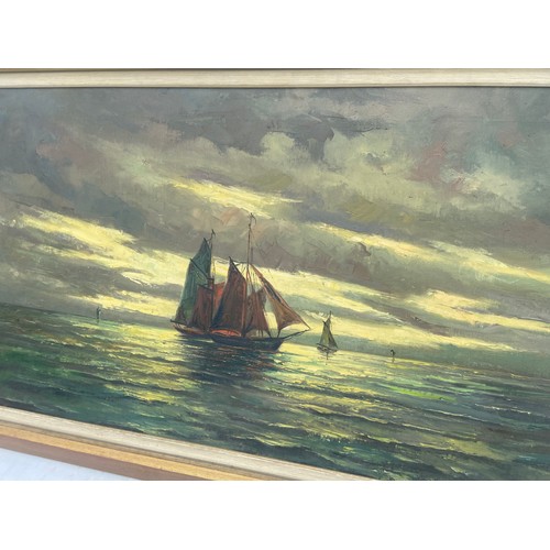 482 - AN OIL ON CANVAS OF SAIL BOATS BY DUTCH ARTIST ANDRIES DEBEUF 45X25